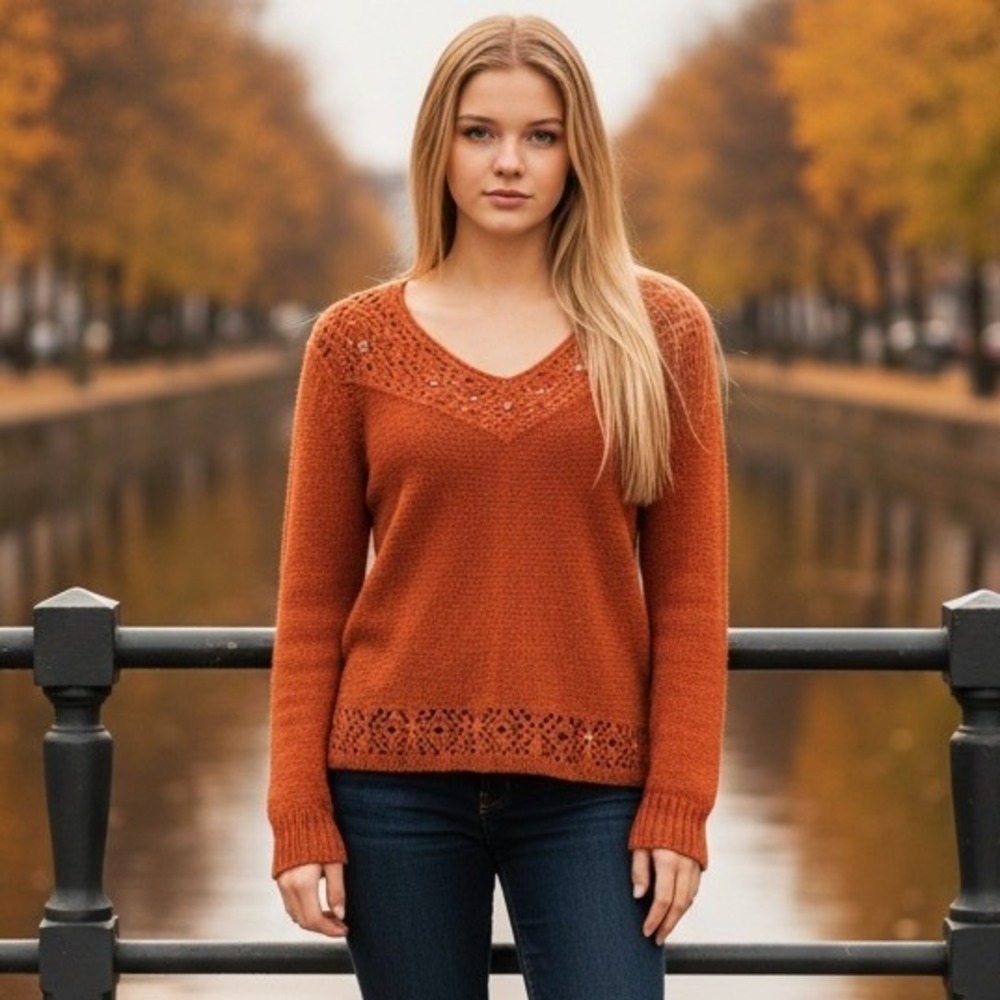 BCBG Maxazria XL Sweater Beaded Orange Open Knit V Neck Cottagecore NWOT